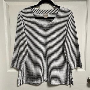 CHICOS 3/4 Sleeve V Neck Shirt Navy & White Stripe Size 1 (M)